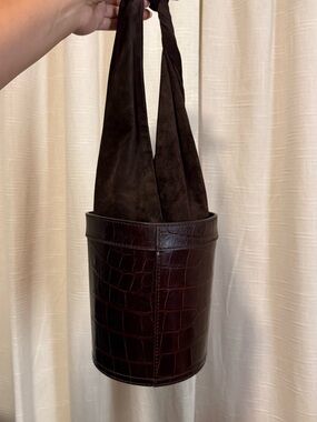 STAUD Dark Brown Croc-Embossed Bucket Bag with Suede Strap
